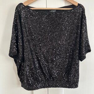 Black Sequin Blouse 3/4 Sleeve Relaxed Fit